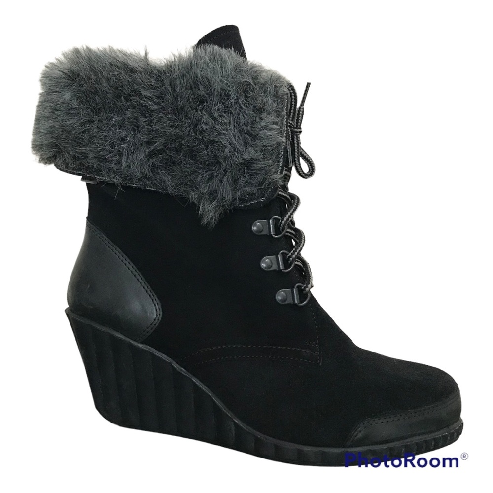 MAG Creative Footwear Black Suede Wedge Heel Boots | Rollover Faux Fur Trim
